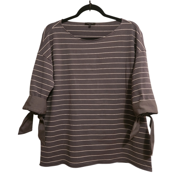 LAFAYETTE 148 GRAY WHITE STRIPED 3/4 SLEEVE TIE CUFF CREWNECK TOP BLOUSE SZ L - Picture 1 of 8